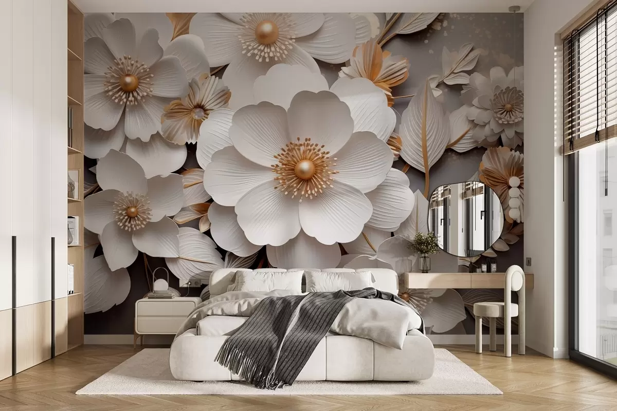 murales de pared flores 3D en estilo origami en tonos amarillo-gris w08993