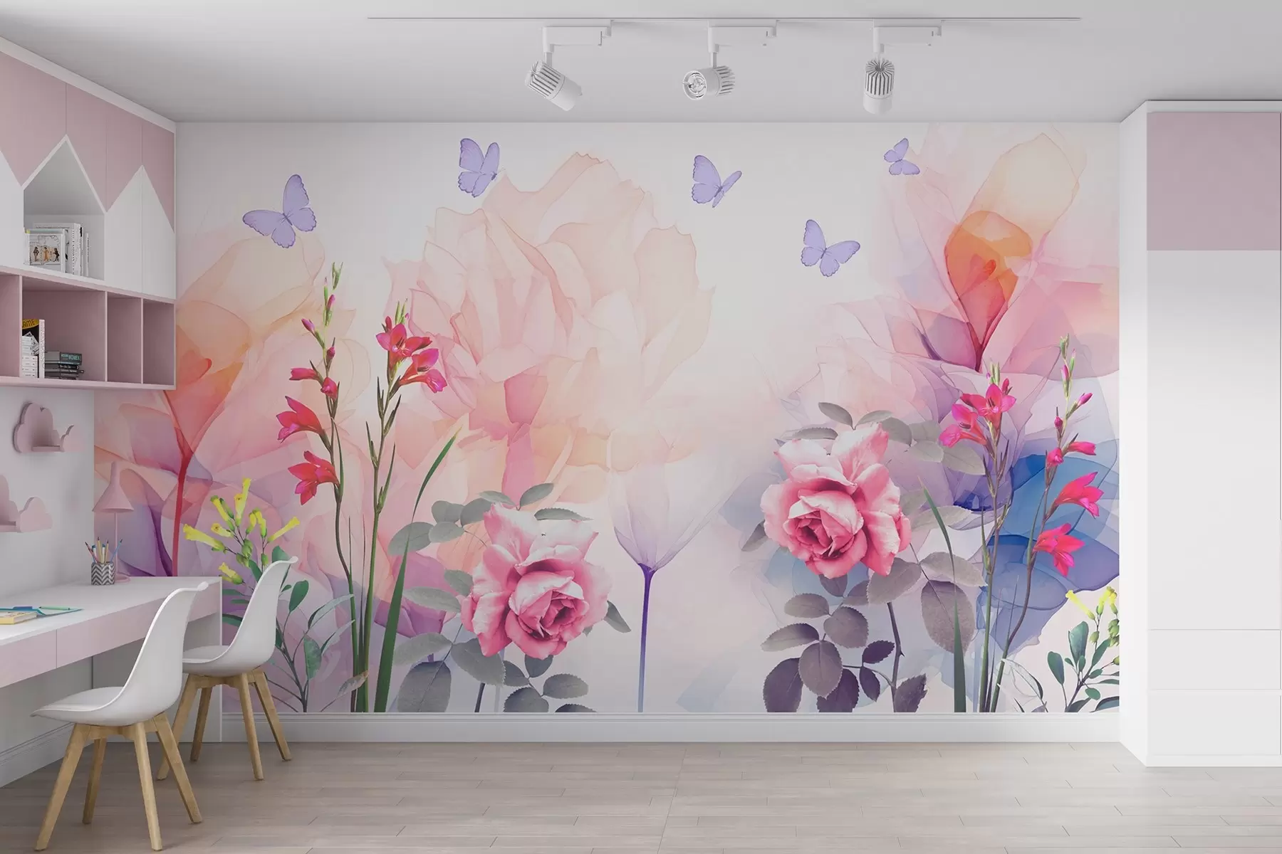 murales de pared Flores con mariposas y rosas en estilo acuarela w09002