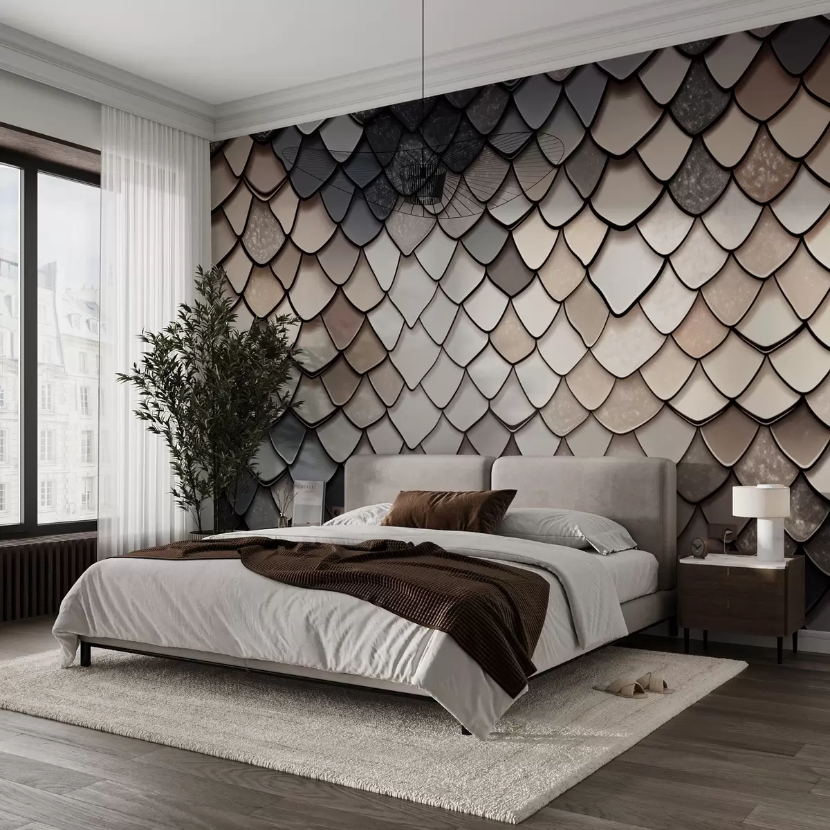 murales de pared Estampado beige-gris con textura de dragón w09005