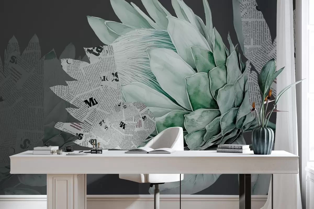 murales de pared Flores de protea, arte periodístico, floral, tropical, fondo oscuro, colores verdes w03667v3