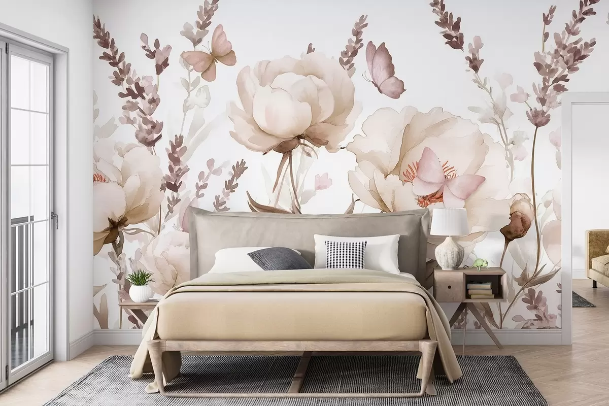murales de pared Pradera de flores, peonías, lavanda, mariposas, estilo acuarela, colores beige w03668v2