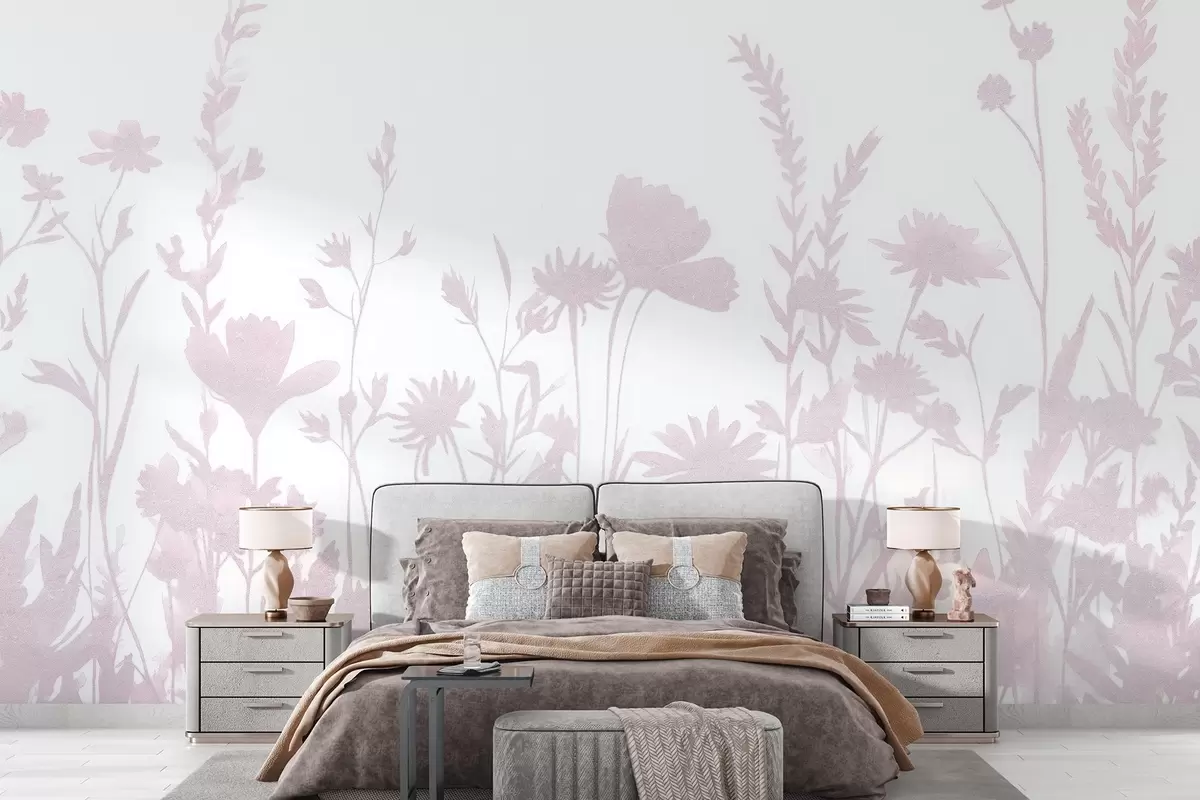 murales de pared Pradera de verano, rústico, flores, paleta de color rosa w03670v2