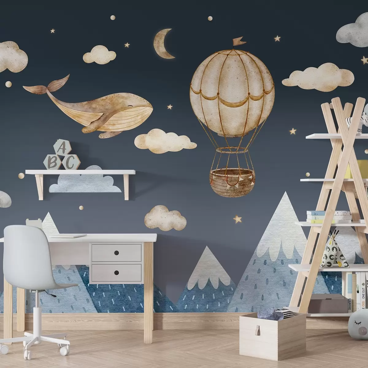 murales de pared Globo de aire, linda ballena, cielo estrellado oscuro, montañas, acuarela, colores azul y beige w03672v1