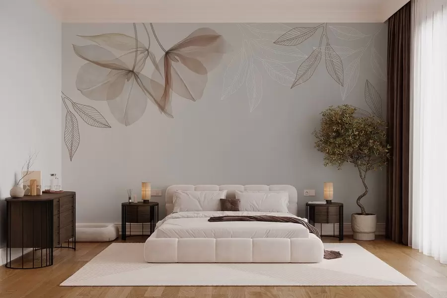 murales de pared delicadas flores y hojas translúcidas en tonos moca w03616v3