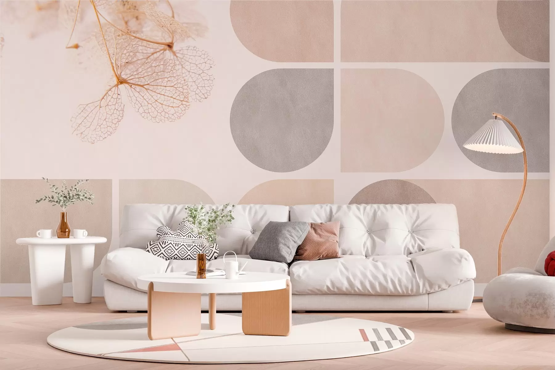 murales de pared geometría y flores secas con vetas en tonos beige w03617