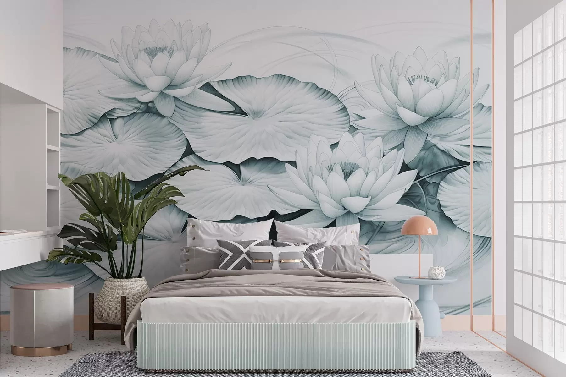 murales de pared Nenúfares y nenúfares en un estanque, turquesa y blanco imitación de dibujo a lápiz, ilustración botánica detallada, arte de la naturaleza w09006v1
