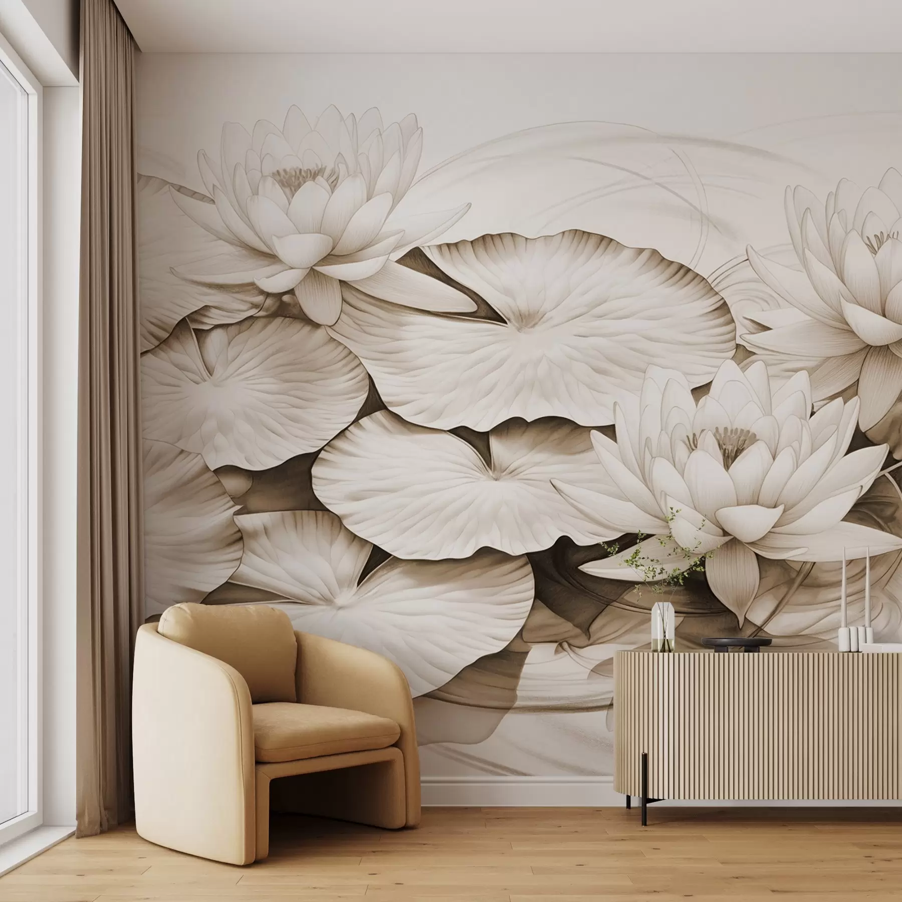 murales de pared Nenúfares y nenúfares en un estanque, marrón y blanco imitación de dibujo a lápiz, ilustración botánica detallada, arte de la naturaleza w09006v2