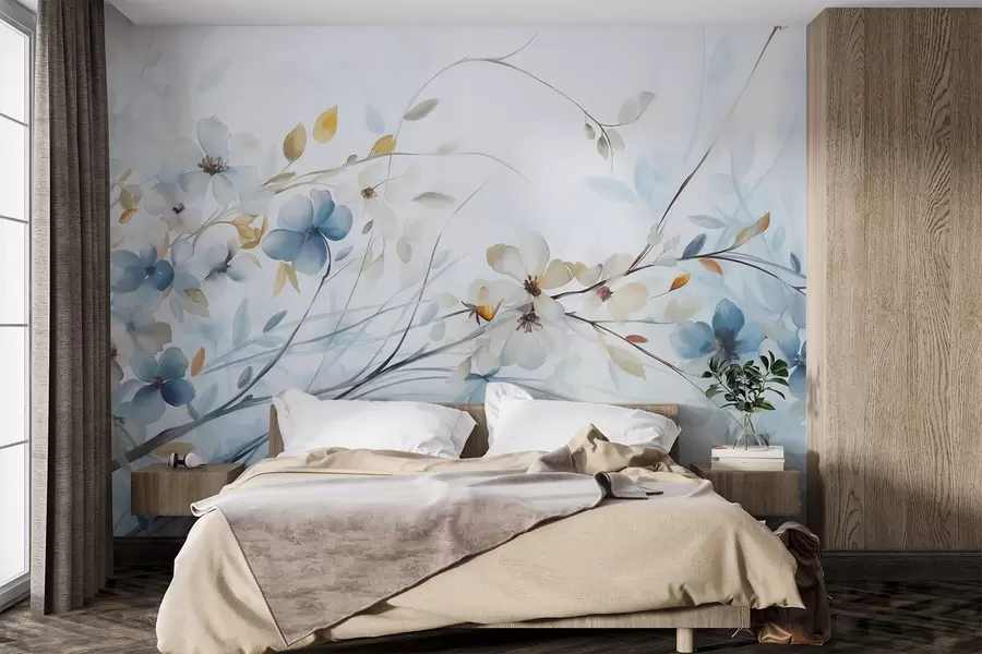 murales de pared Arreglo floral con hojas azules y naranjas y flores blancas, pétalos delicados, ramas finas, colores suaves, efecto acuarela w09009