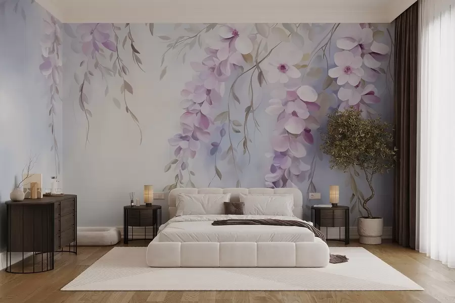 murales de pared Flores de glicinia con pétalos lilas y hojas verdes colgando de las ramas, suaves colores pastel, fondo color pastel w09010