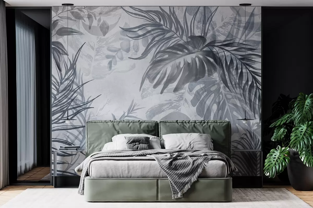 murales de pared Monstera y hojas de palma en tonos de azul y gris, botánico, follaje tropical, plantas de la selva, fondo texturizado w09011v1