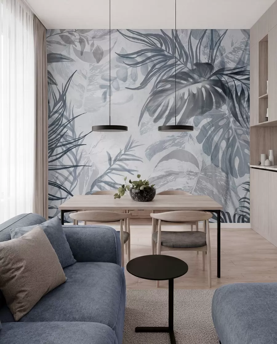 murales de pared Monstera y hojas de palma en tonos de azul y gris, botánico, follaje tropical, plantas de la selva, fondo texturizado w09011v1