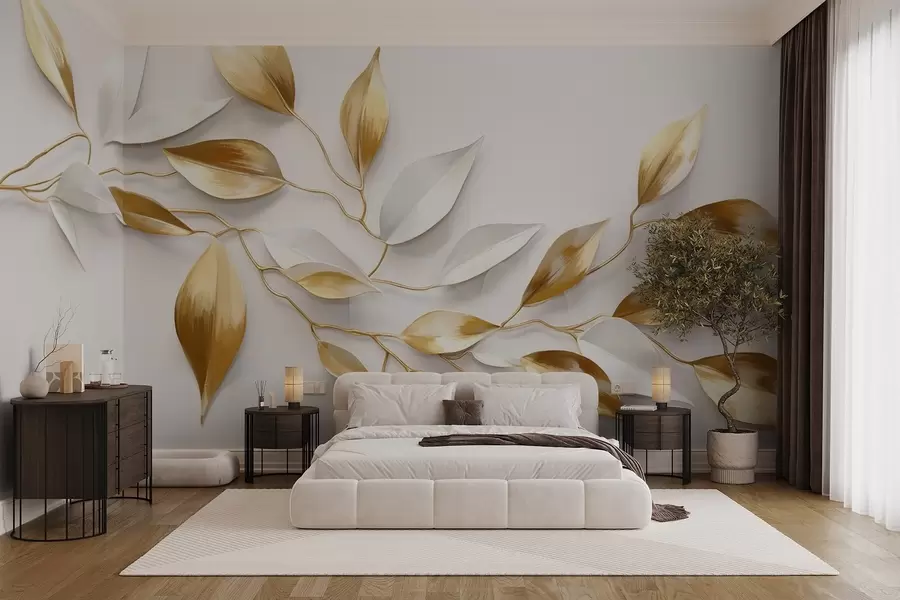 murales de pared Hojas amarillas y blancas sobre una rama , diseño elegante, fondo blanco, estilo minimalista, arte decorativo , inspirado en la naturaleza w09015