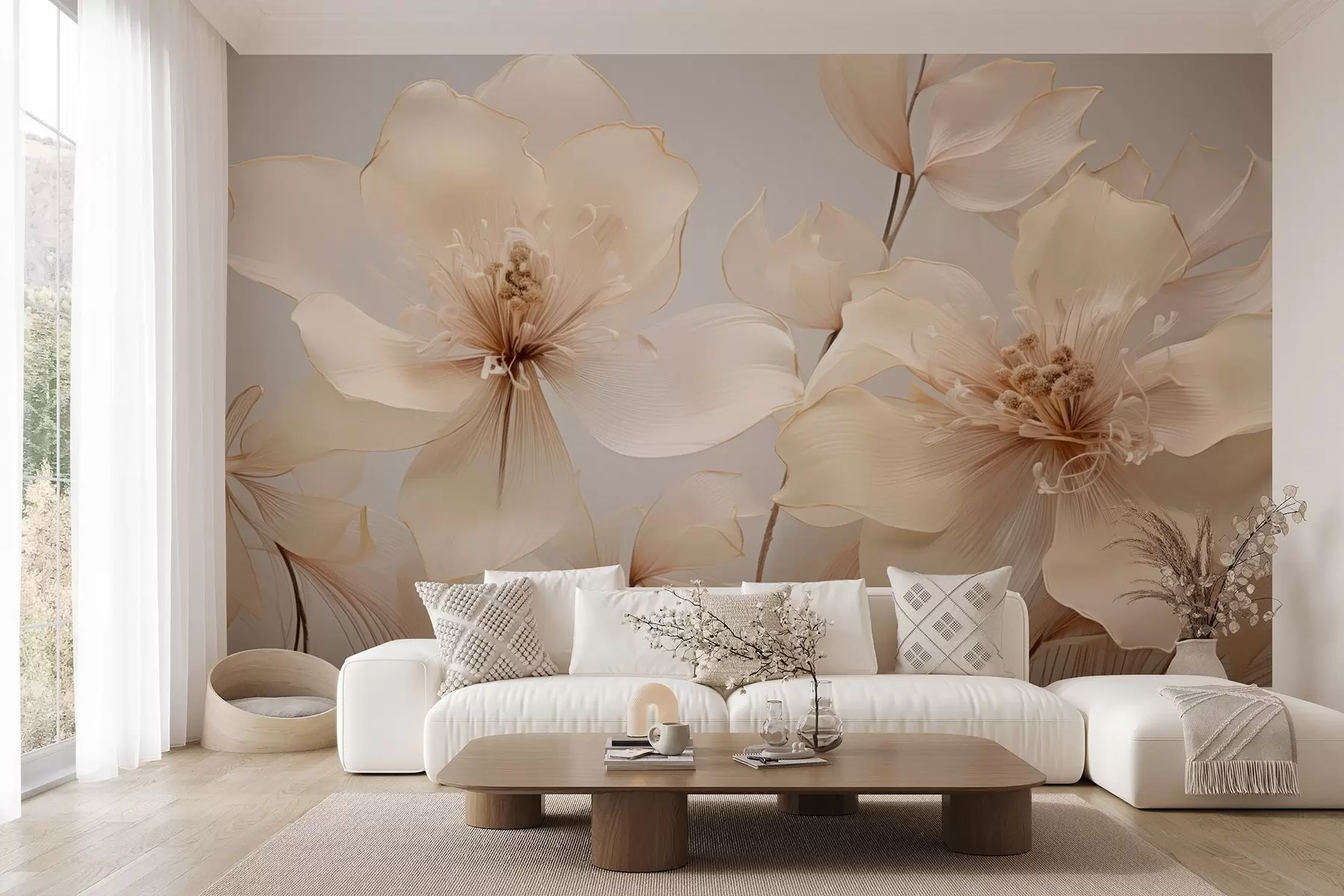 murales de pared Flores de aire beige en tonos suaves w09016