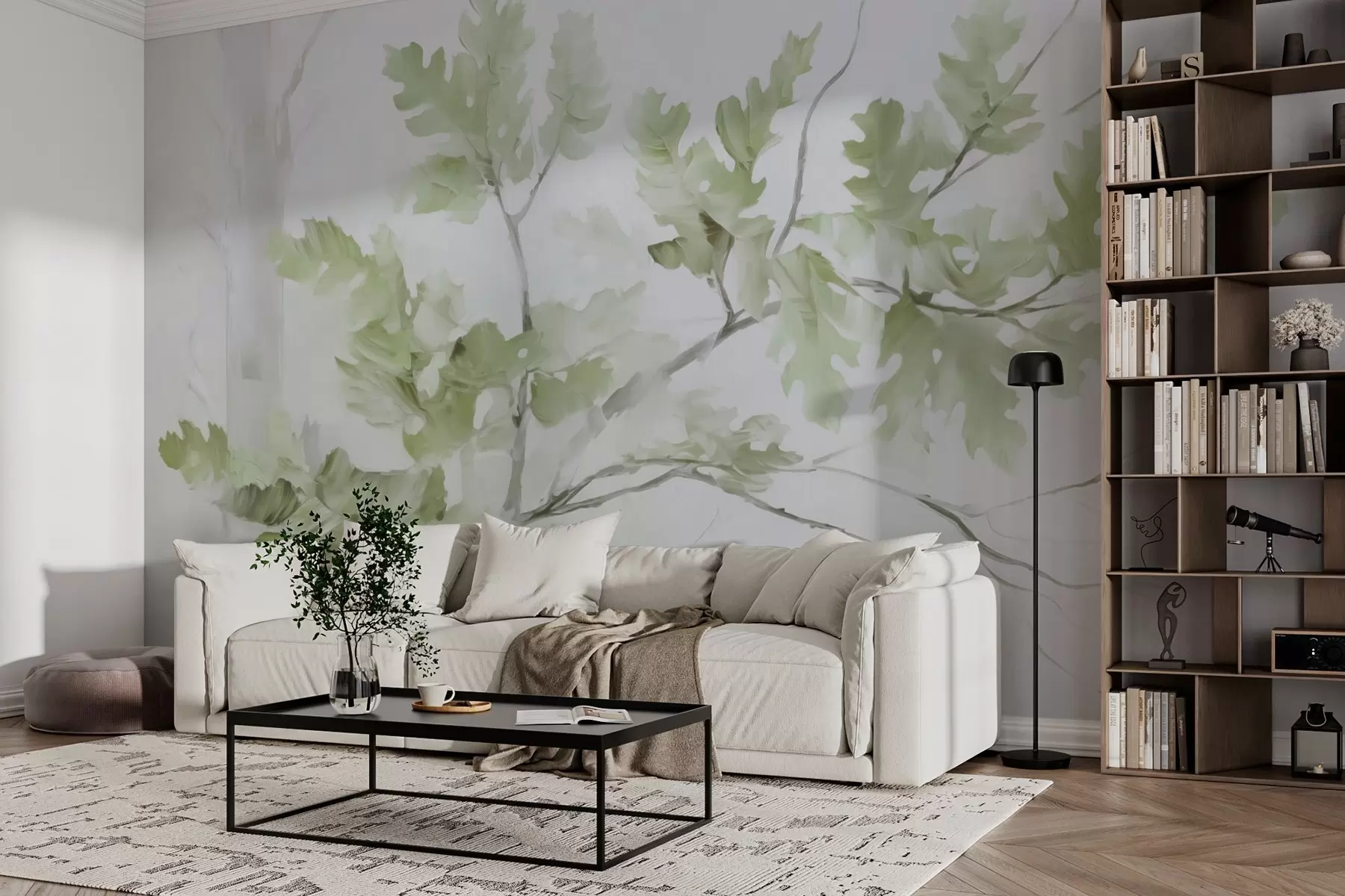 murales de pared Rama de roble con hojas de tonos verdes w03772v1