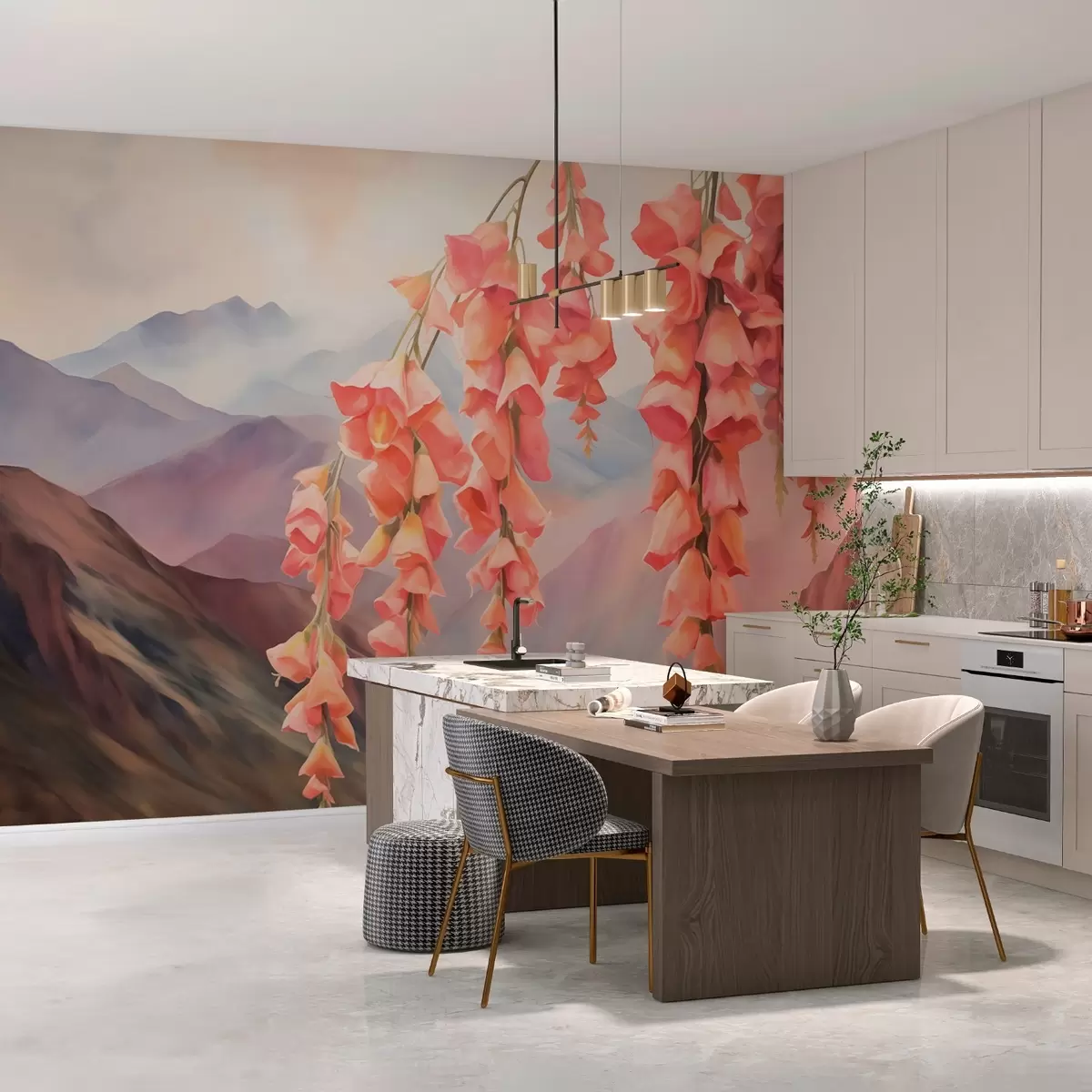 murales de pared Flores colgantes sobre un fondo de montañas w03776