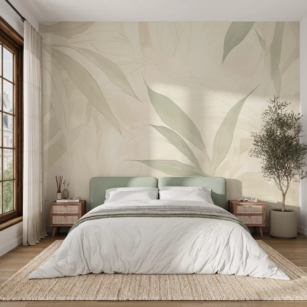 murales de pared Ramas con hojas en suaves tonos verdes sobre fondo beige w09027