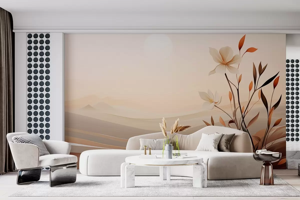 murales de pared Flor creciente sobre un fondo de desierto y montañas w09044