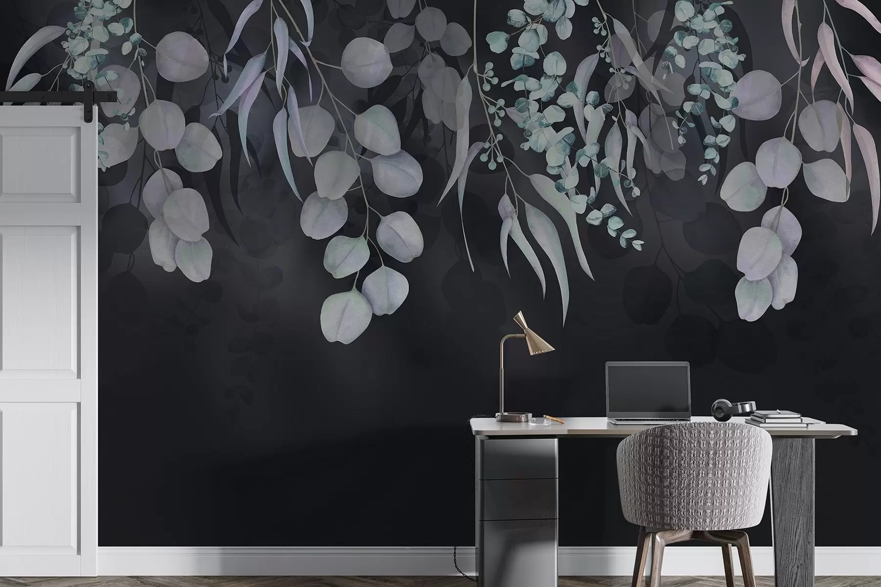 murales de pared Hojas tropicales sobre fondo azul oscuro, floral w03752v2