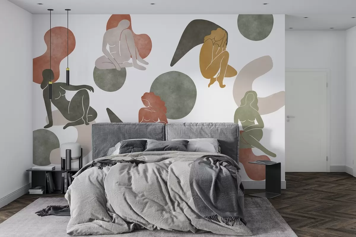 murales de pared Abstracciones geométricas con siluetas femeninas, estilo boho, marrón, beige, verde w03753
