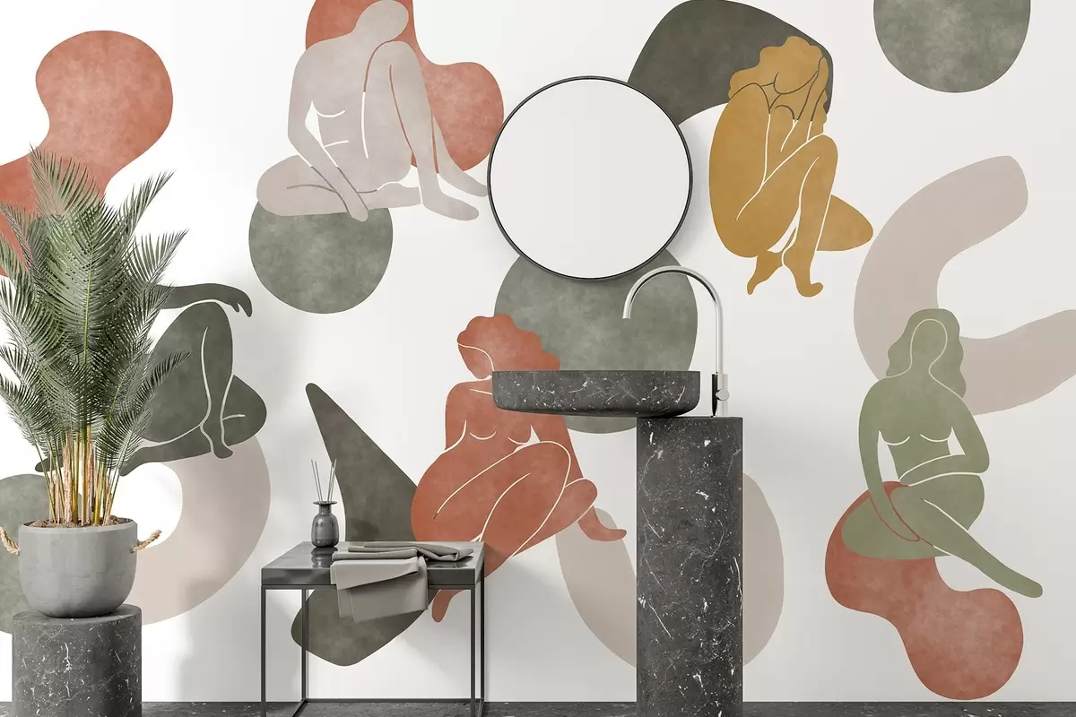 murales de pared Abstracciones geométricas con siluetas femeninas, estilo boho, marrón, beige, verde w03753