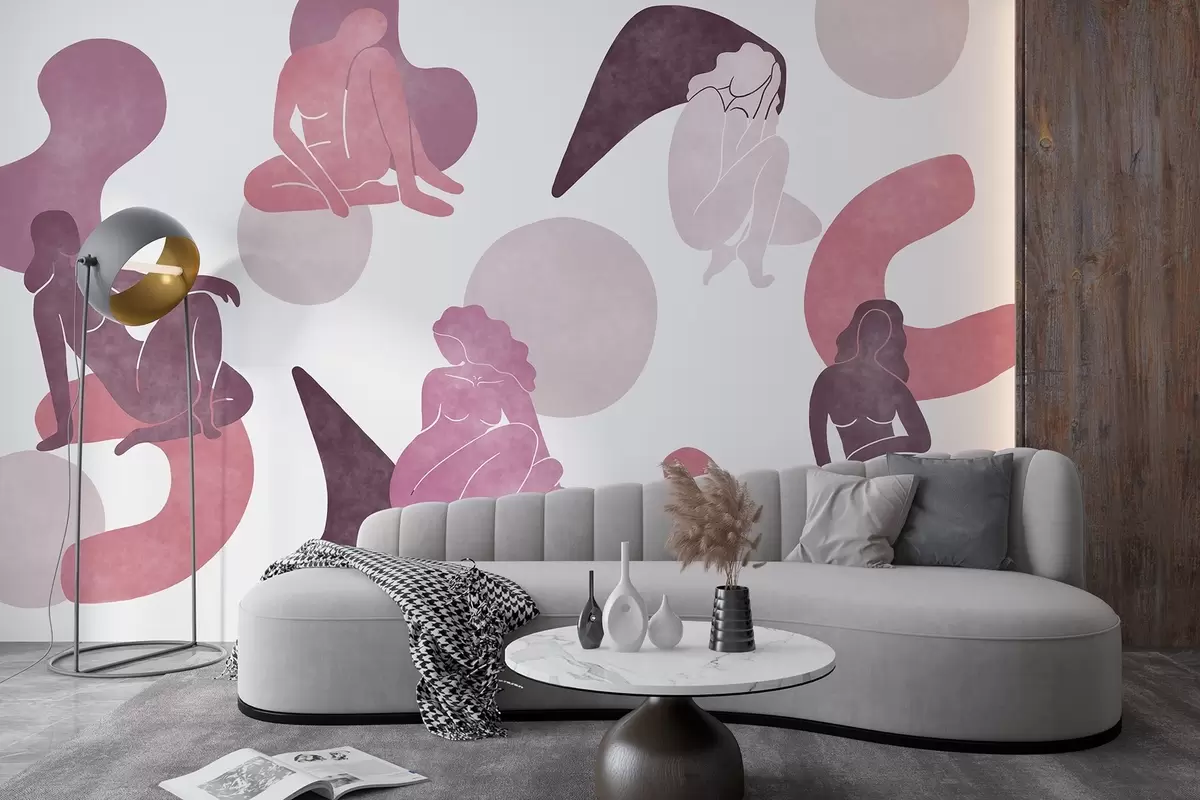 murales de pared Abstracciones geométricas con siluetas femeninas, estilo boho, rosa, beige, morado w03753v3