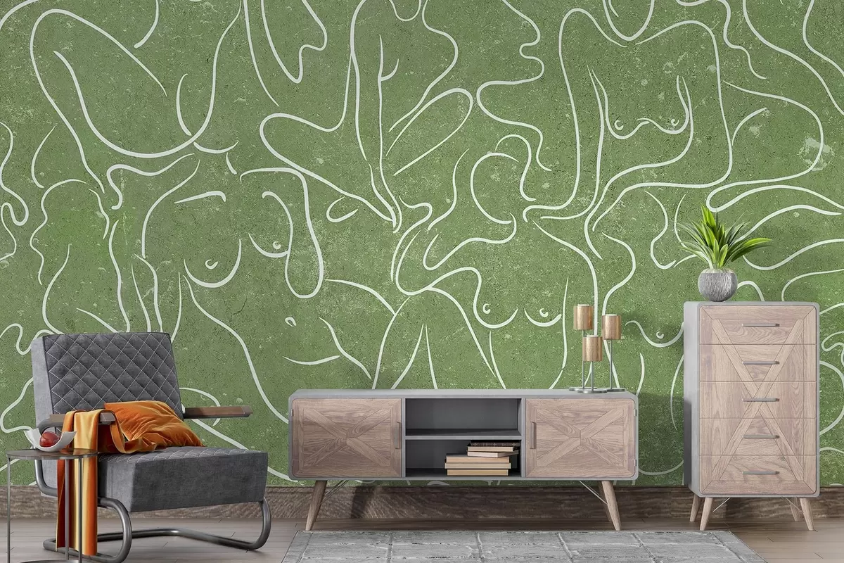 murales de pared Dibujo lineal siluetas anatómicas, abstracción, fondo verde w03756v2