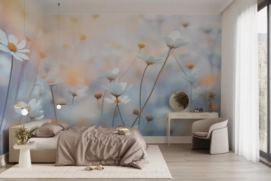 murales de pared Flores azul claro con la cálida luz del atardecer w03802