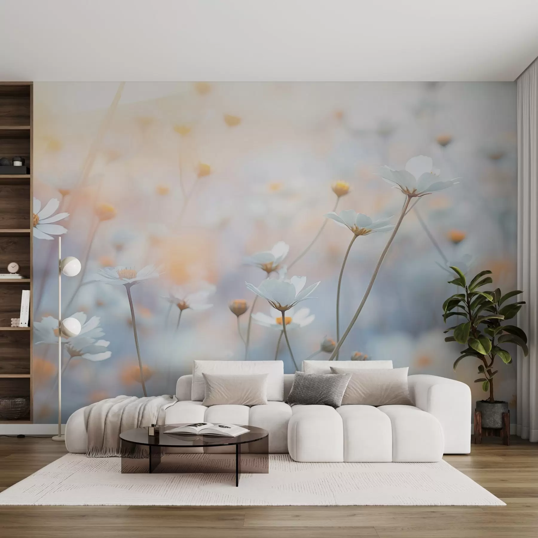 murales de pared Flores azul claro con la cálida luz del atardecer w03802