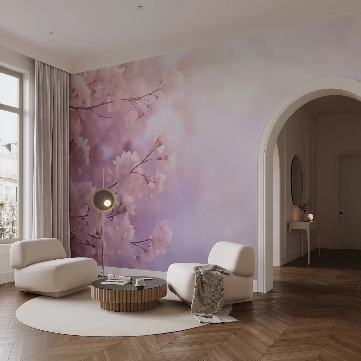 murales de pared Ramas de sakura con flores rosas sobre fondo pastel w03804