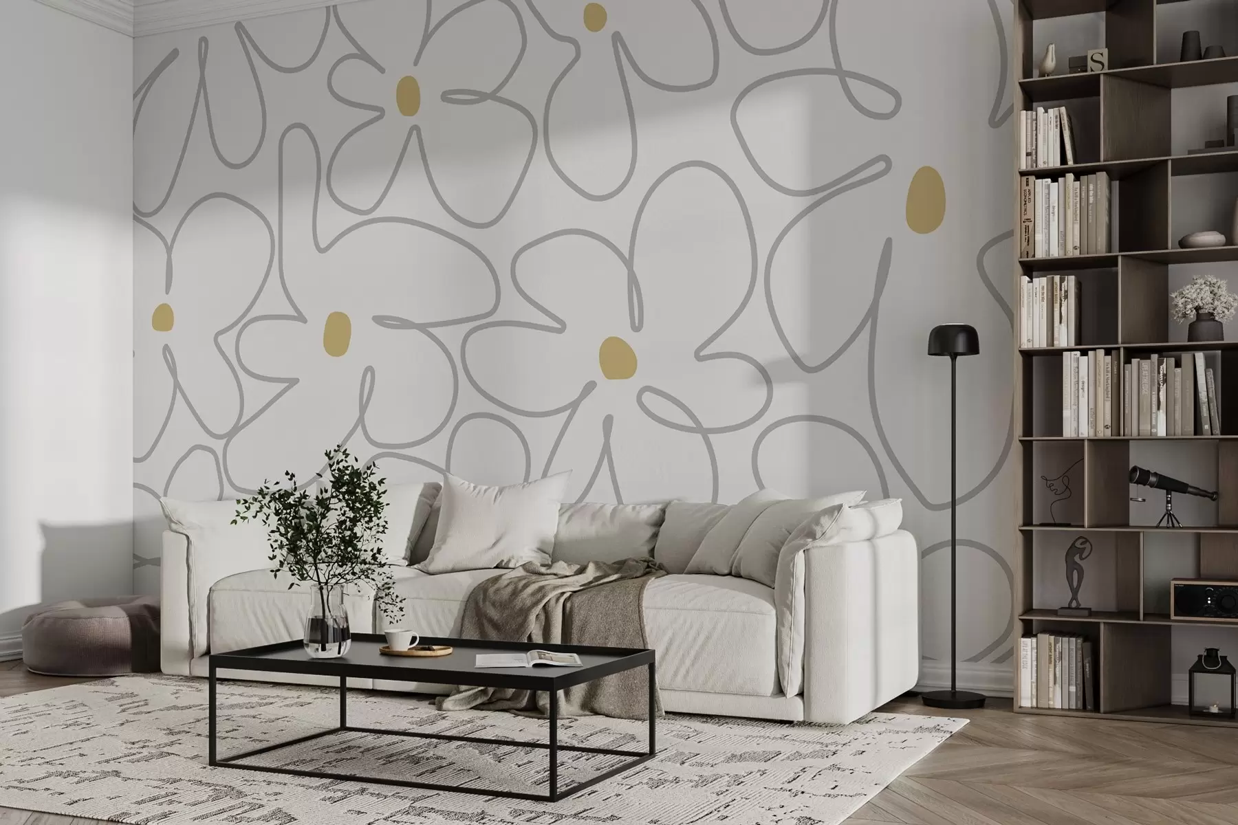 murales de pared Arte lineal minimalista de flores en colores claros w03812