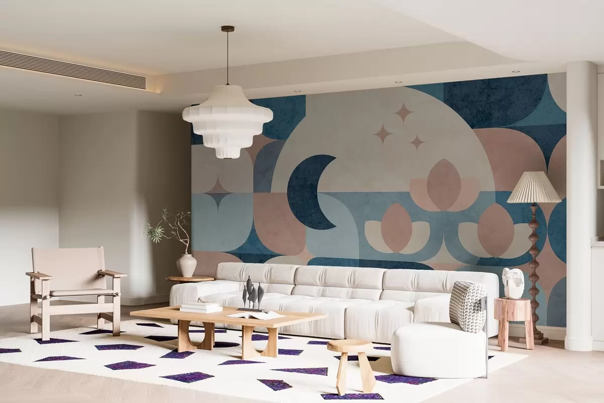 murales de pared abstracción geométrica, donde las formas suaves se entrelazan suavemente con símbolos de la luna, las flores y las estrellas. w03723