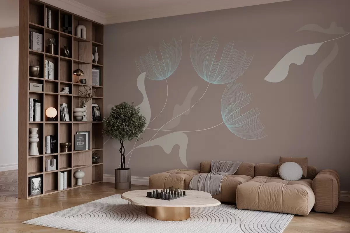 murales de pared elegantes flores minimalistas en tonos blancos y azules sobre fondo moca w03763v3