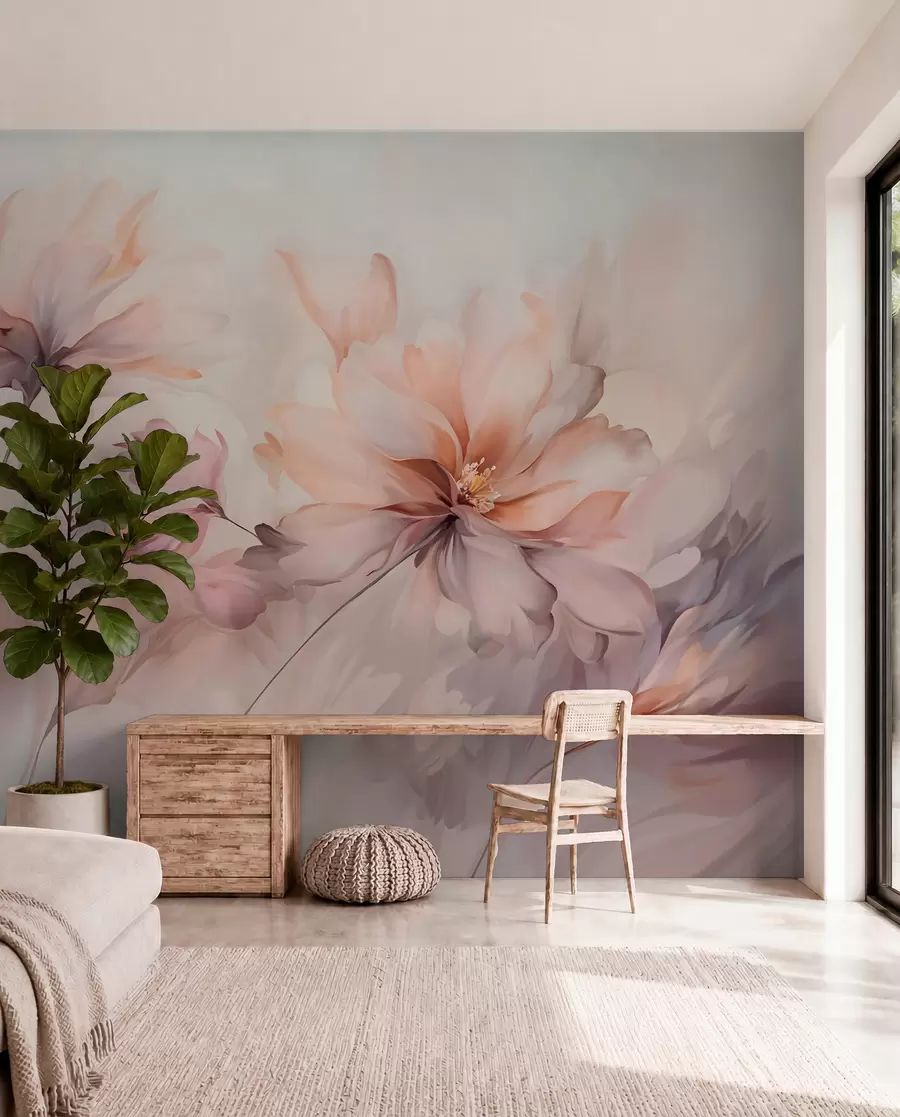 murales de pared Un delicado arte floral con grandes flores de colores pastel con pétalos translúcidos, tallos suaves y un suave fondo difuminado w09050