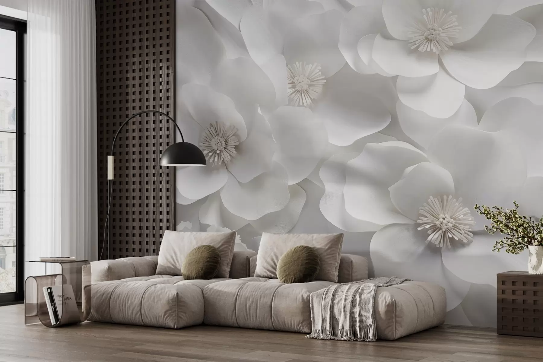 murales de pared Flores blancas con delicados pétalos, dispuestas en un denso racimo, creando una sensación de pureza y elegancia sobre fondo blanco w09053