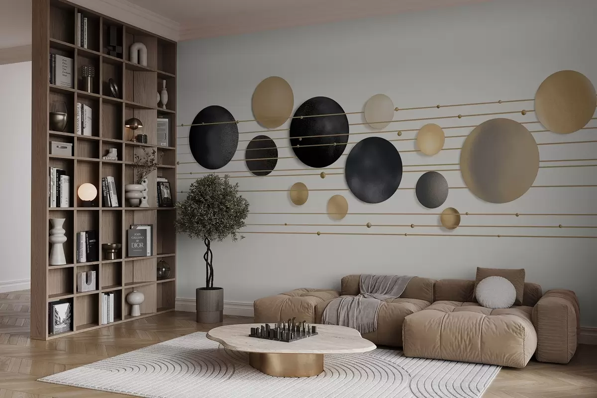 murales de pared Diseño moderno abstracto con círculos texturizados en tonos blancos, amarillos y grises, conectados por líneas finas, arte minimalista w09060