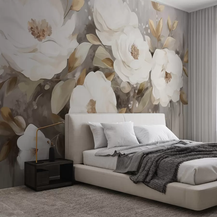 murales de pared Flores blancas con hojas amarillas, pétalos suaves, delicado arreglo floral, paleta de colores neutros, pinceladas texturizadas w09062