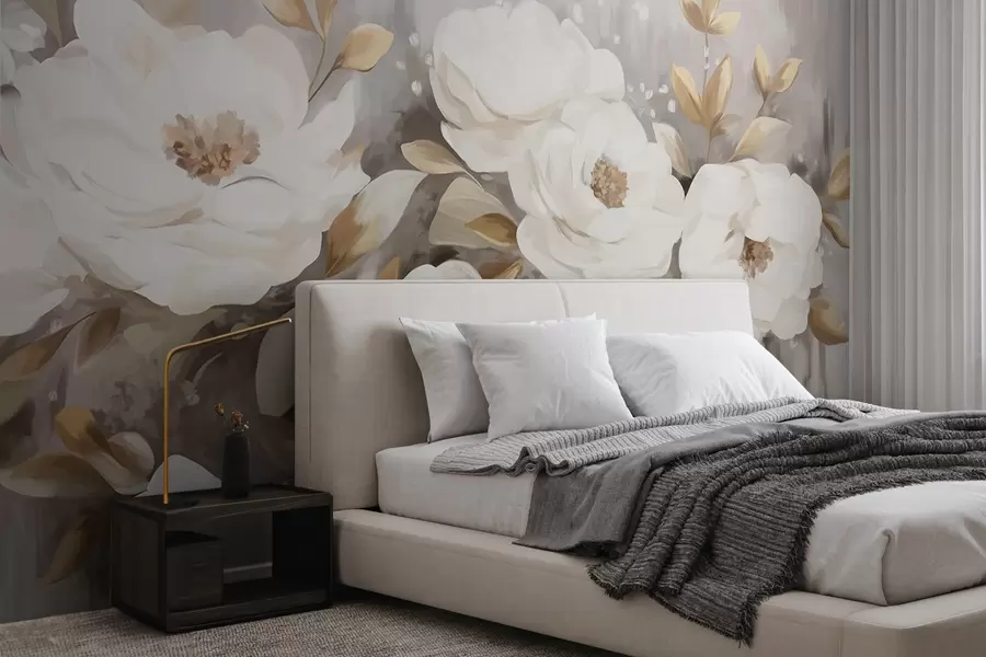 murales de pared Flores blancas con hojas amarillas, pétalos suaves, delicado arreglo floral, paleta de colores neutros, pinceladas texturizadas w09062
