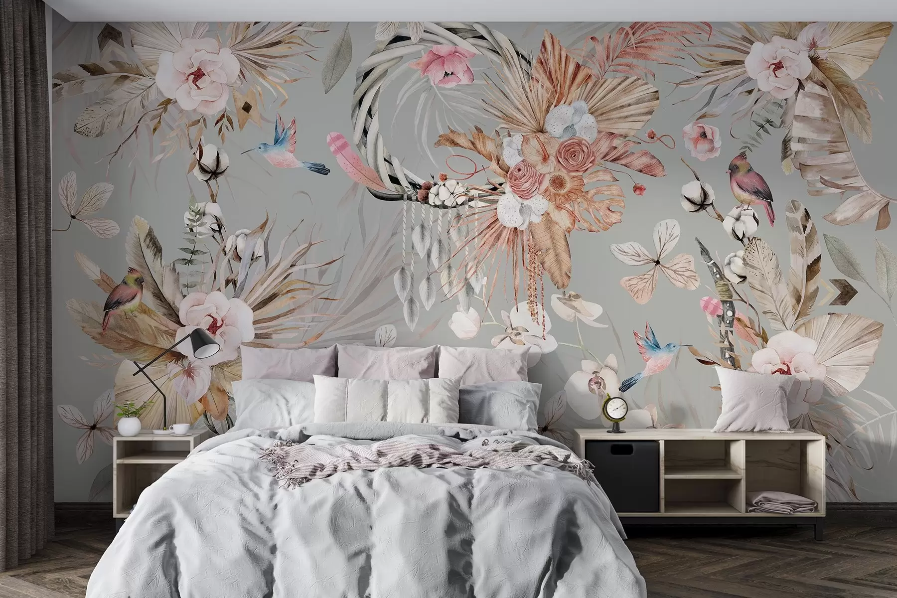 murales de pared Adorno de estilo boho con flores de peonía y pájaros, estilo acuarela, colores beige w03885