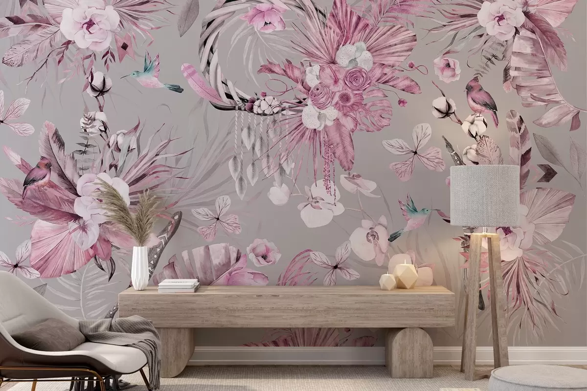 murales de pared Adorno de estilo boho con flores de peonía y pájaros, estilo acuarela, colores rosas w03885v1