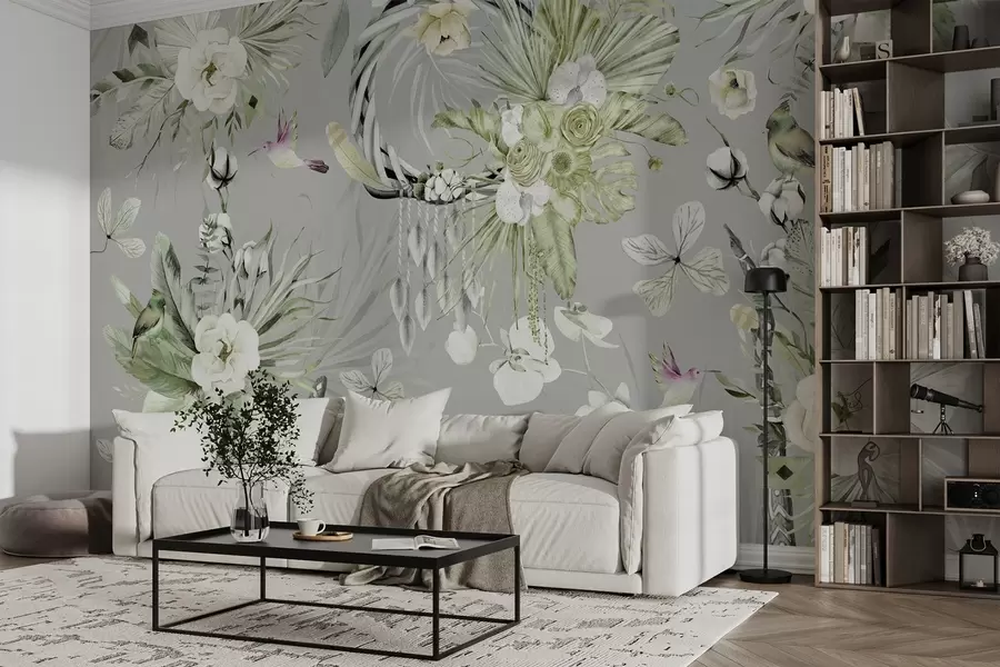 murales de pared Adorno de estilo boho con flores de peonía y pájaros, estilo acuarela, colores verdes w03885v2