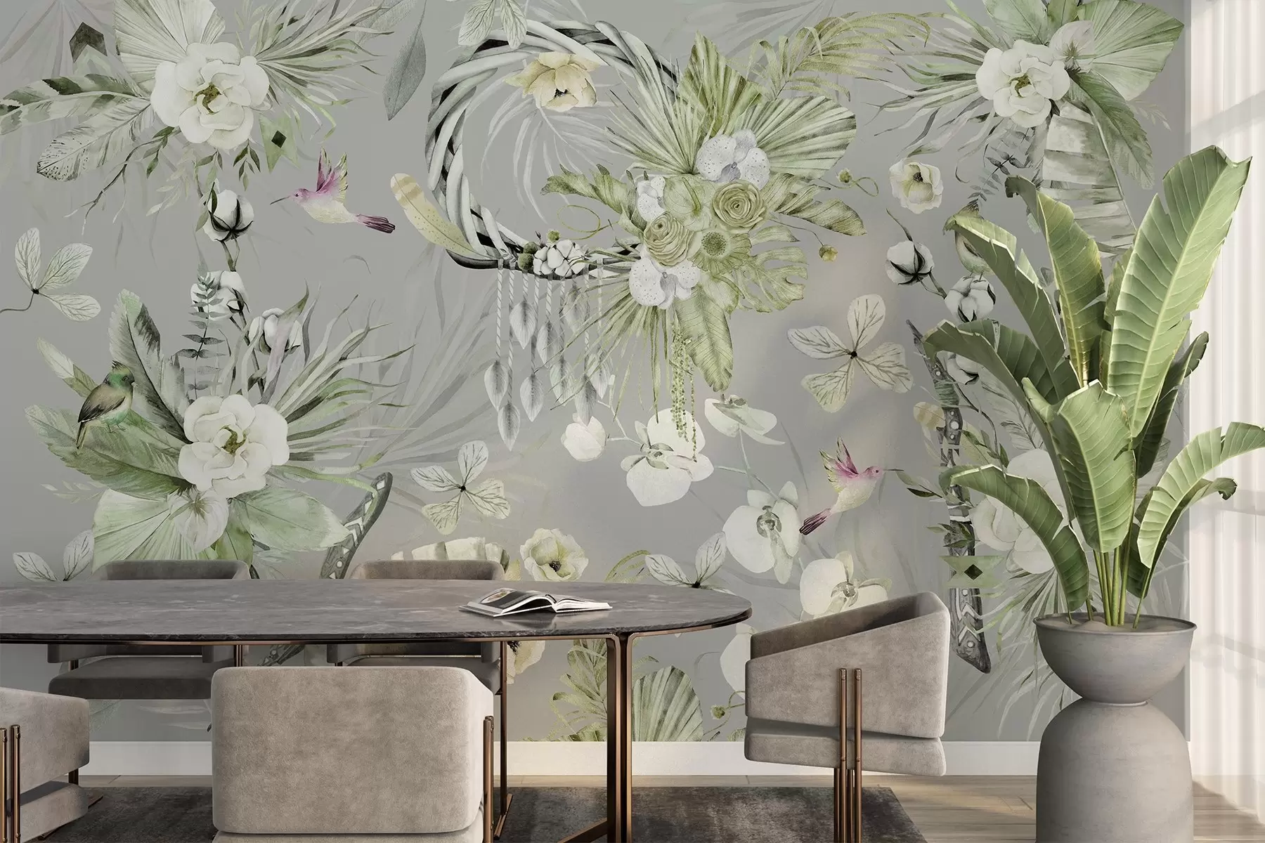 murales de pared Adorno de estilo boho con flores de peonía y pájaros, estilo acuarela, colores verdes w03885v2