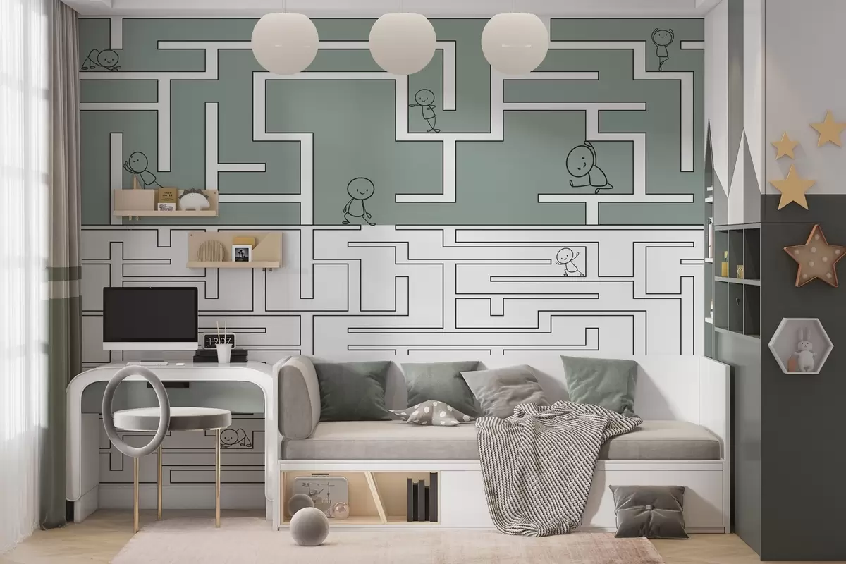 murales de pared Laberinto en verde y blanco w03873v3