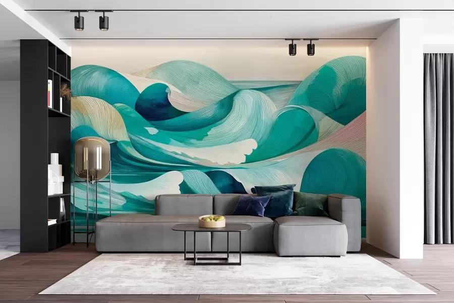 murales de pared Olas con líneas en colores azul y turquesa w09078