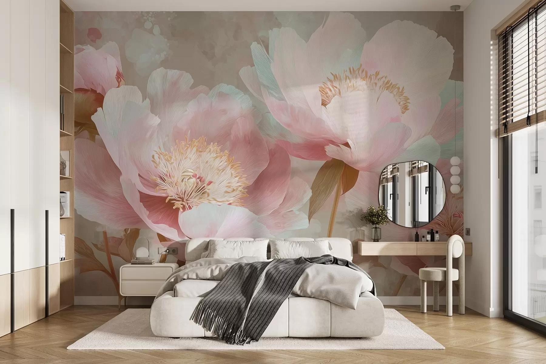 murales de pared Delicadas peonías en tonos rosa y beige w09087v1