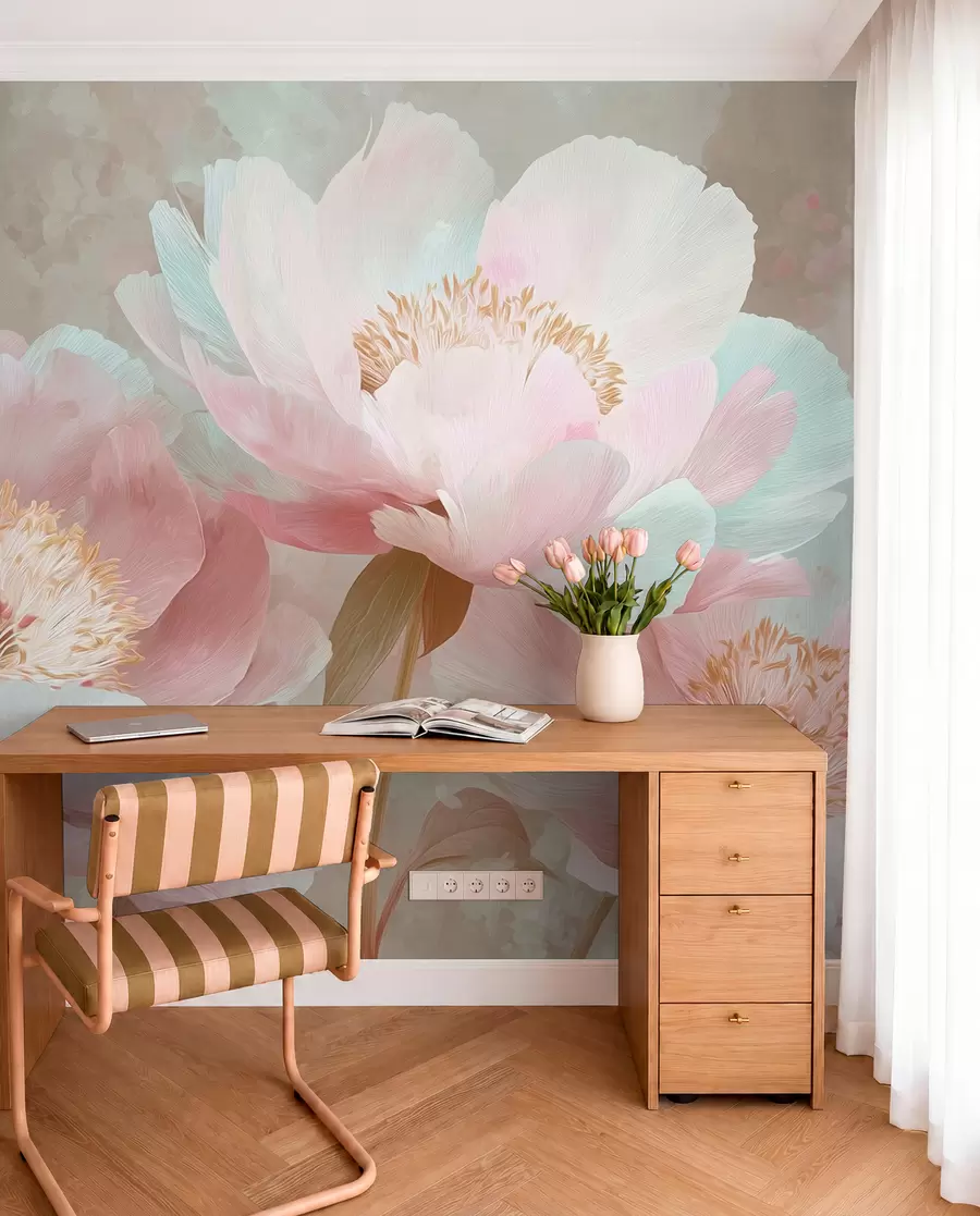 murales de pared Delicadas peonías en tonos rosa y beige w09087v1