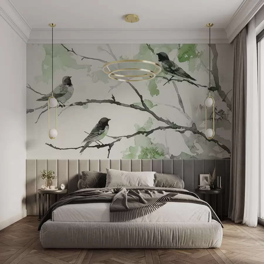 murales de pared Pájaros en las ramas de los árboles en estilo acuarela w09064v3