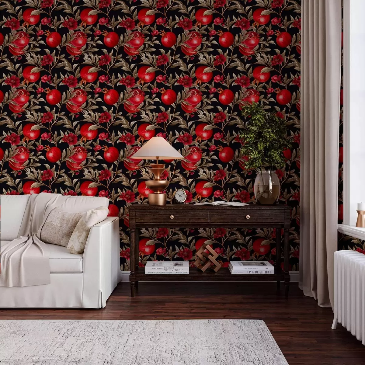 Papel pintado Granadas y flores sobre fondo oscuro de estilo mediterráneo a00115