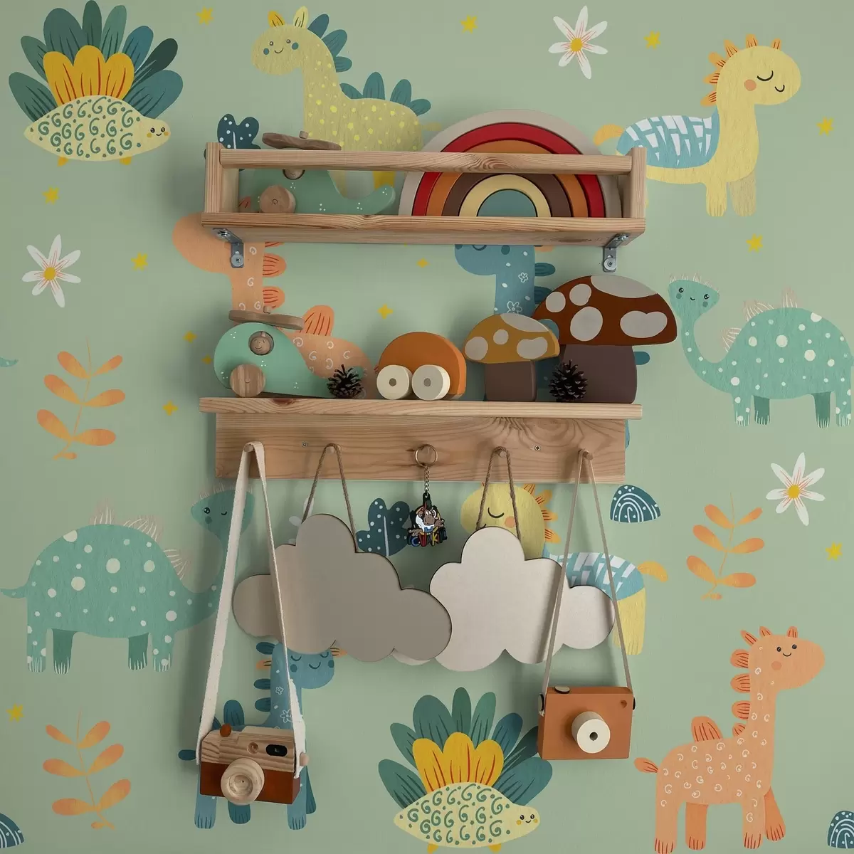 Papel pintado Divertidos dinosaurios en una suave paleta verde sobre fondo claro a00125v1
