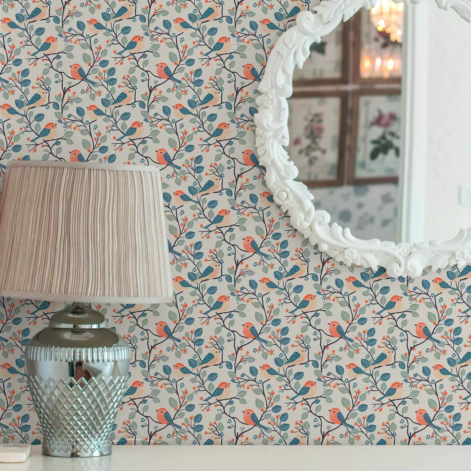 murales de pared Pájaros en las ramas y bayas de colores cálidos a00128v1