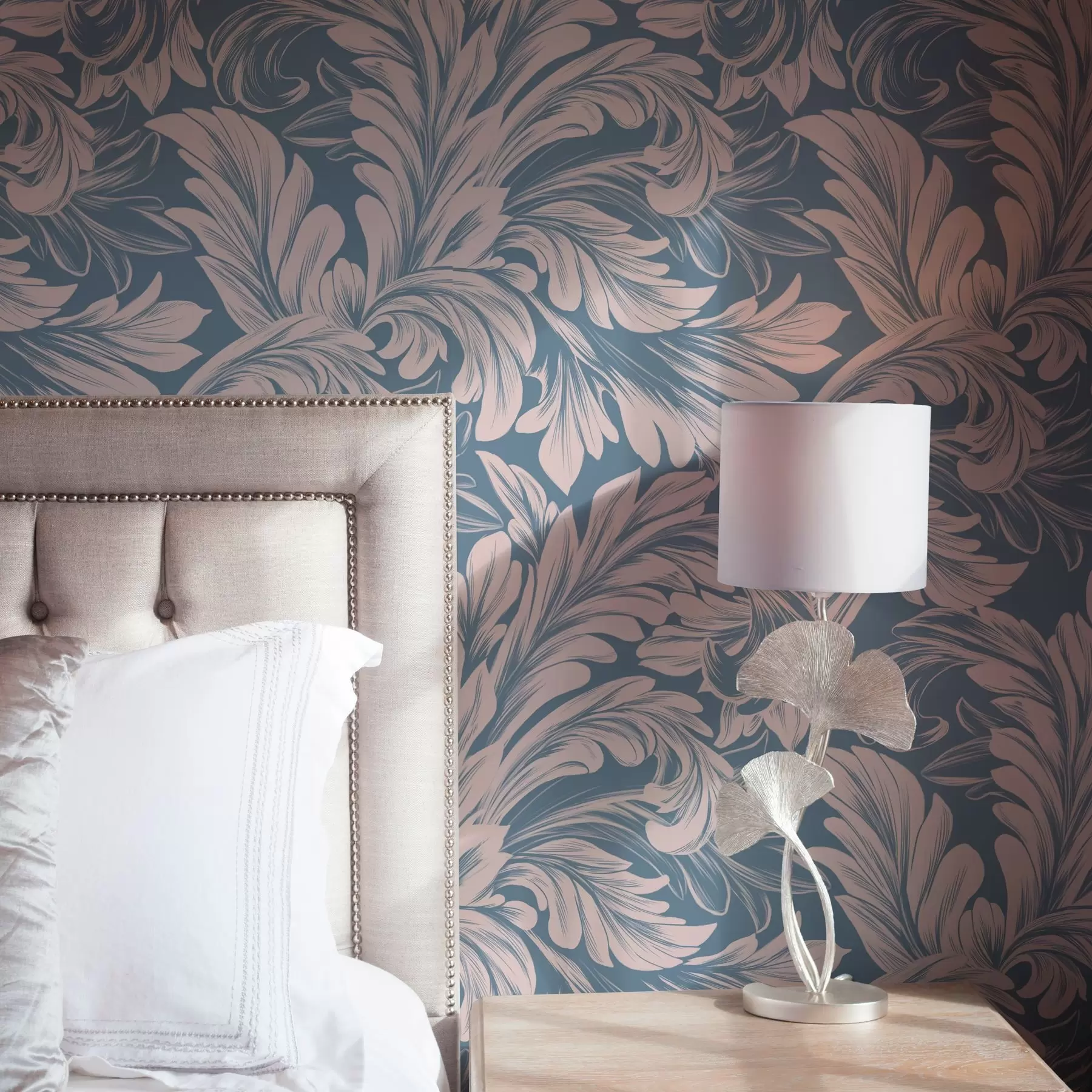 murales de pared Rizos vegetales en tonos crema sobre fondo azul y gris a00135v2